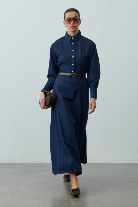 Navy blue denim dress with dart details