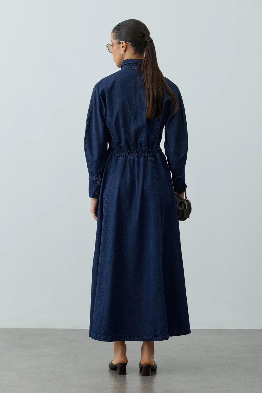 Navy blue denim dress with dart details